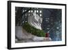 New York Public Library Lion Decorated with a Christmas Wreath during the Holidays.-Jon Hicks-Framed Photographic Print