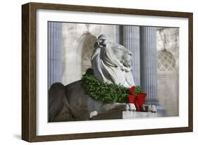 New York Public Library Lion Decorated with a Christmas Wreath during the Holidays.-Jon Hicks-Framed Photographic Print