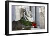 New York Public Library Lion Decorated with a Christmas Wreath during the Holidays.-Jon Hicks-Framed Photographic Print