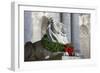 New York Public Library Lion Decorated with a Christmas Wreath during the Holidays.-Jon Hicks-Framed Photographic Print