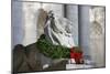 New York Public Library Lion Decorated with a Christmas Wreath during the Holidays.-Jon Hicks-Mounted Photographic Print