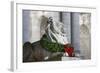 New York Public Library Lion Decorated with a Christmas Wreath during the Holidays.-Jon Hicks-Framed Photographic Print