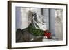 New York Public Library Lion Decorated with a Christmas Wreath during the Holidays.-Jon Hicks-Framed Photographic Print