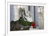 New York Public Library Lion Decorated with a Christmas Wreath during the Holidays.-Jon Hicks-Framed Photographic Print