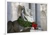 New York Public Library Lion Decorated with a Christmas Wreath during the Holidays.-Jon Hicks-Framed Photographic Print