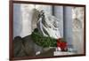 New York Public Library Lion Decorated with a Christmas Wreath during the Holidays.-Jon Hicks-Framed Photographic Print