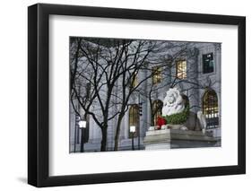 New York Public Library Lion Decorated with a Christmas Wreath during the Holidays.-Jon Hicks-Framed Photographic Print