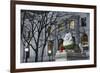 New York Public Library Lion Decorated with a Christmas Wreath during the Holidays.-Jon Hicks-Framed Photographic Print