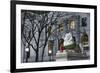 New York Public Library Lion Decorated with a Christmas Wreath during the Holidays.-Jon Hicks-Framed Photographic Print