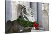 New York Public Library Lion Decorated with a Christmas Wreath during the Holidays.-Jon Hicks-Stretched Canvas