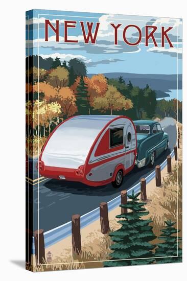 New York - Retro Camper on Road-Lantern Press-Stretched Canvas