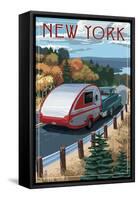 New York - Retro Camper on Road-Lantern Press-Framed Stretched Canvas