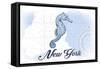 New York - Seahorse - Blue - Coastal Icon-Lantern Press-Framed Stretched Canvas