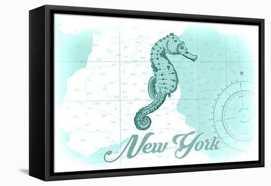New York - Seahorse - Teal - Coastal Icon-Lantern Press-Framed Stretched Canvas