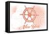 New York - Ship Wheel - Coral - Coastal Icon-Lantern Press-Framed Stretched Canvas