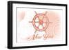 New York - Ship Wheel - Coral - Coastal Icon-Lantern Press-Framed Art Print