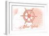 New York - Ship Wheel - Coral - Coastal Icon-Lantern Press-Framed Art Print