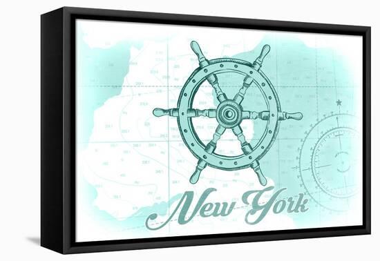 New York - Ship Wheel - Teal - Coastal Icon-Lantern Press-Framed Stretched Canvas