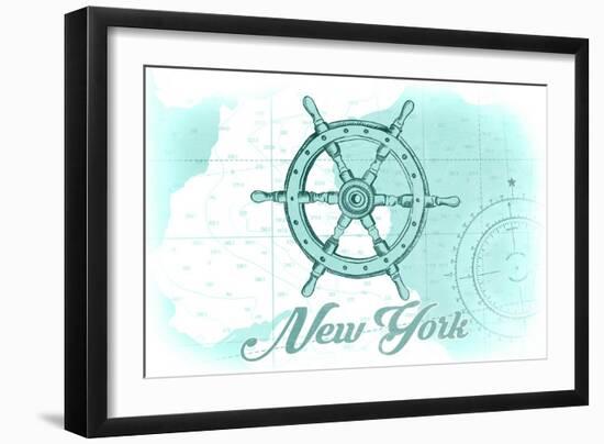 New York - Ship Wheel - Teal - Coastal Icon-Lantern Press-Framed Art Print