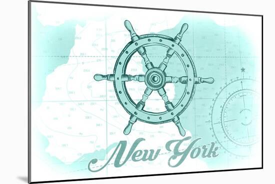 New York - Ship Wheel - Teal - Coastal Icon-Lantern Press-Mounted Art Print