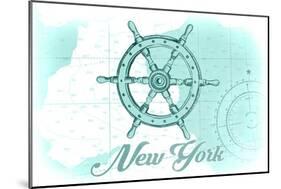 New York - Ship Wheel - Teal - Coastal Icon-Lantern Press-Mounted Art Print