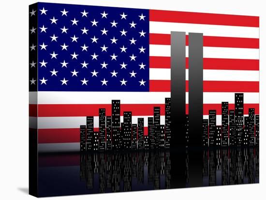 New York Silhouette against the Background of the American Flag-STori-Stretched Canvas