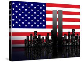 New York Silhouette against the Background of the American Flag-STori-Stretched Canvas