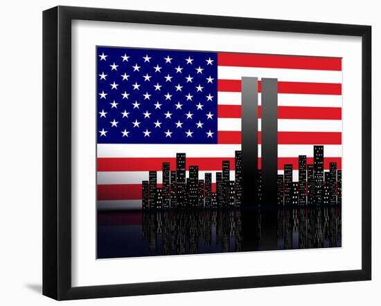 New York Silhouette against the Background of the American Flag-STori-Framed Photographic Print