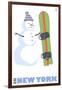 New York, Snowman with Snowboard-Lantern Press-Framed Art Print