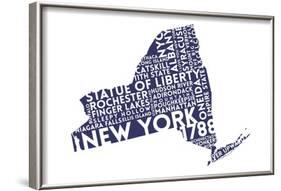 New York State Outline Typography (Blue)-Lantern Press-Framed Art Print