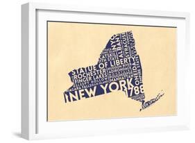 New York State Outline Typography (Cream)-Lantern Press-Framed Art Print