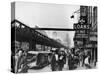 New York Street Scene, with Pedestrians Passing Pawn Shop with Elevated Sixth Ave. Subway Line-null-Stretched Canvas