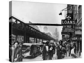New York Street Scene, with Pedestrians Passing Pawn Shop with Elevated Sixth Ave. Subway Line-null-Stretched Canvas