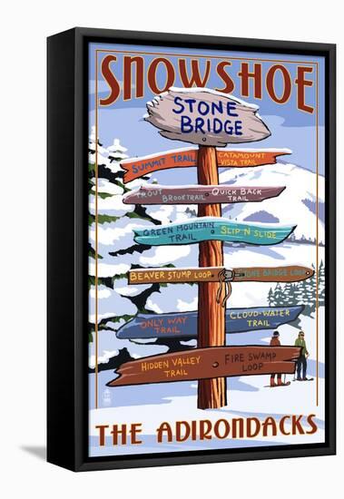 New York - the Adirondacks - Stone Bridge Snowshoe Signpost-Lantern Press-Framed Stretched Canvas