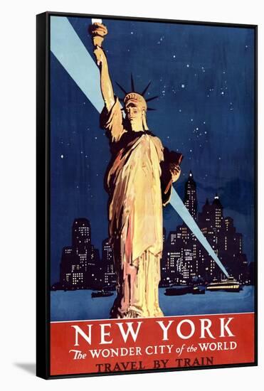 New York Travel By Train Statue of Liberty Vintage Travel Poster-null-Framed Stretched Canvas