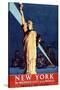 New York Travel By Train Statue of Liberty Vintage Travel Poster-null-Stretched Canvas