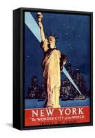 New York Travel By Train Statue of Liberty Vintage Travel Poster-null-Framed Stretched Canvas