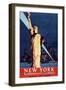 New York Travel By Train Statue of Liberty Vintage Travel Poster-null-Framed Art Print