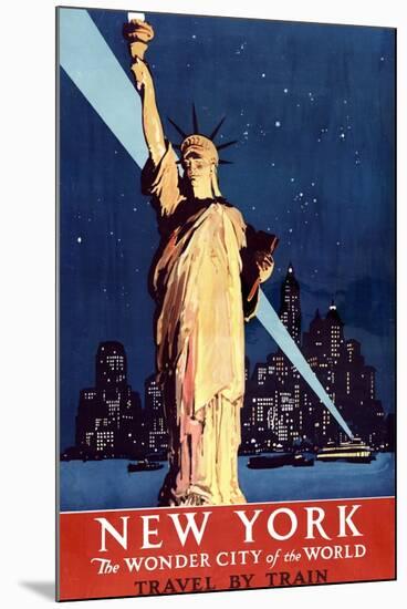 New York Travel By Train Statue of Liberty Vintage Travel Poster-null-Mounted Art Print