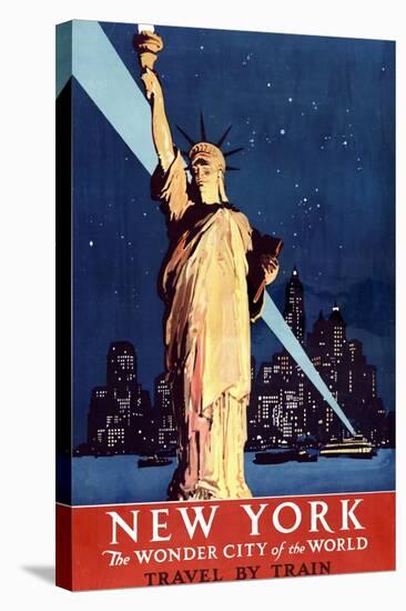 New York Travel By Train Statue of Liberty Vintage Travel Poster-null-Stretched Canvas