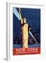 New York Travel By Train Statue of Liberty Vintage Travel Poster-null-Framed Art Print