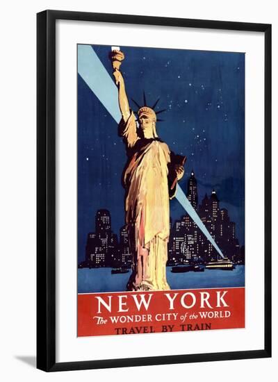 New York Travel By Train Statue of Liberty Vintage Travel Poster-null-Framed Art Print