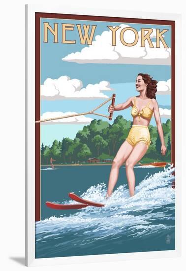 New York - Water Skier and Lake-Lantern Press-Framed Art Print