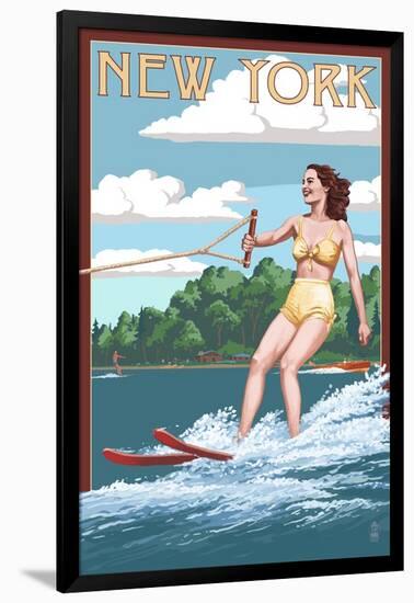 New York - Water Skier and Lake-Lantern Press-Framed Art Print