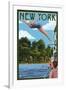 New York - Woman Diving and Lake-Lantern Press-Framed Art Print