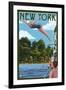 New York - Woman Diving and Lake-Lantern Press-Framed Art Print