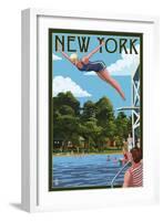 New York - Woman Diving and Lake-Lantern Press-Framed Art Print