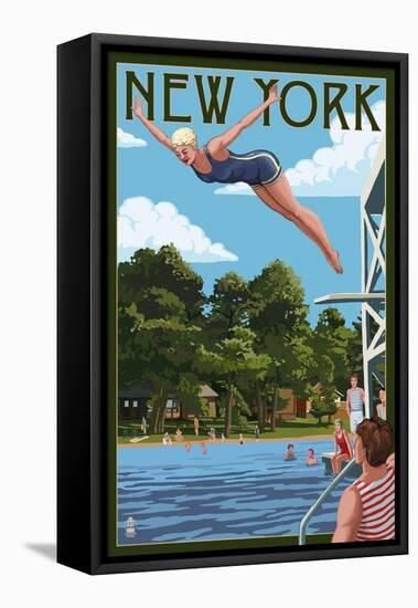 New York - Woman Diving and Lake-Lantern Press-Framed Stretched Canvas