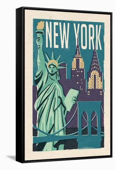 New York - Woodblock-Lantern Press-Framed Stretched Canvas