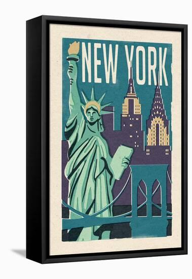 New York - Woodblock-Lantern Press-Framed Stretched Canvas